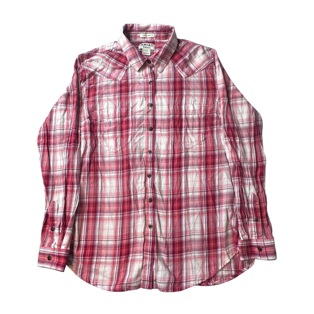 Ariat Shirt Womens Large Red White Real‎ Billie Jean Relaxed Plaid Western Long